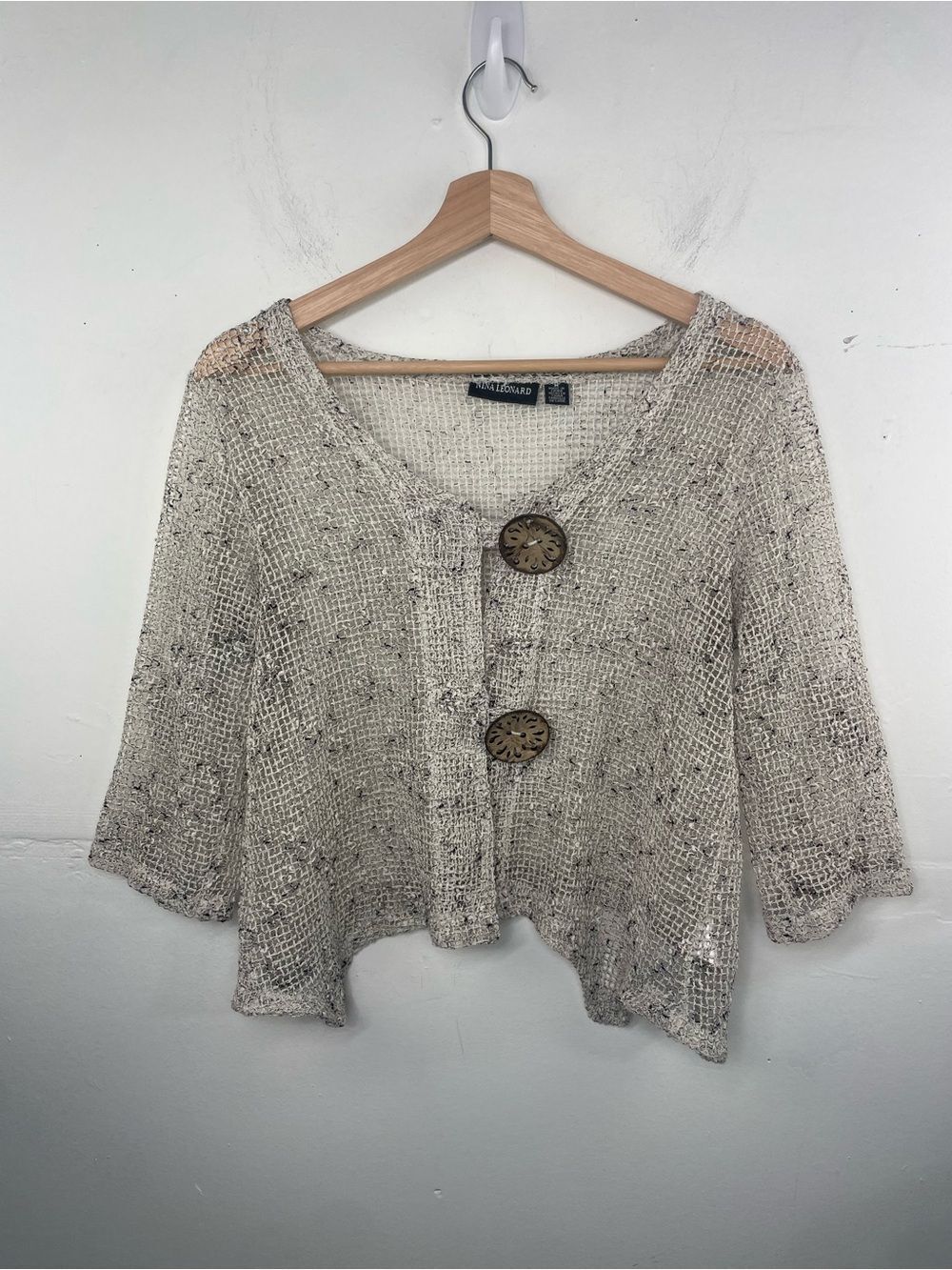 Nina Leonard Open Knit Crochet Cardigan Sweater Beige Speckled Boho 3/4 Size Med